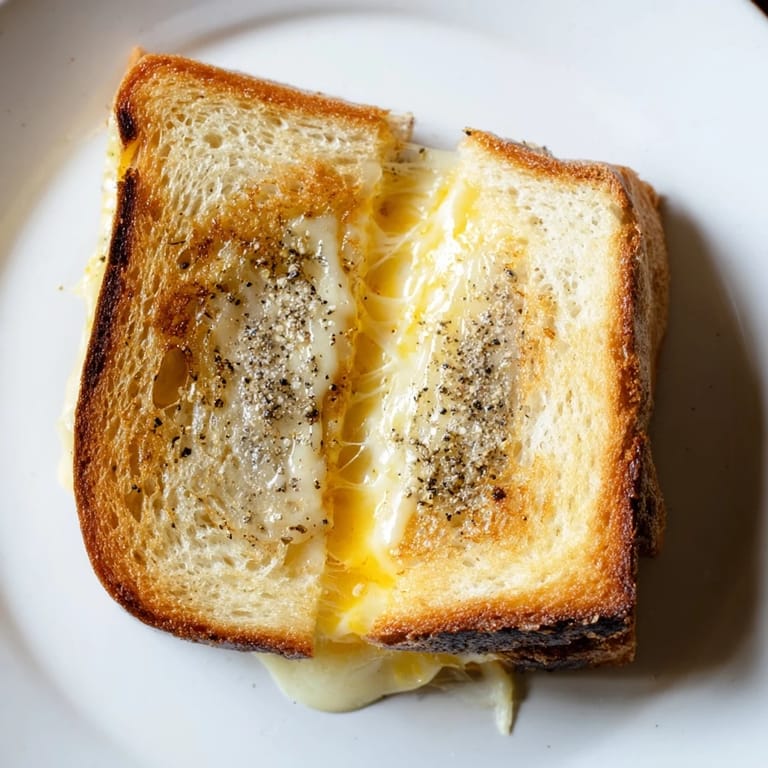 Savory truffle oil grilled cheese with oozing cheddar, ready to slice and serve for lunch.