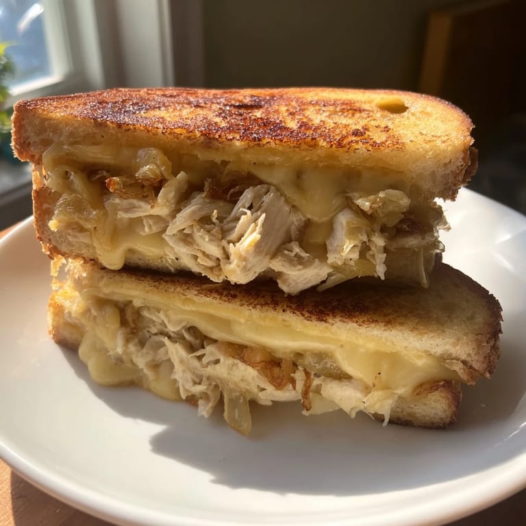 Savory Crispy Shallot Chicken Grilled Cheese, served hot, with oozing melted cheddar and mozzarella.
