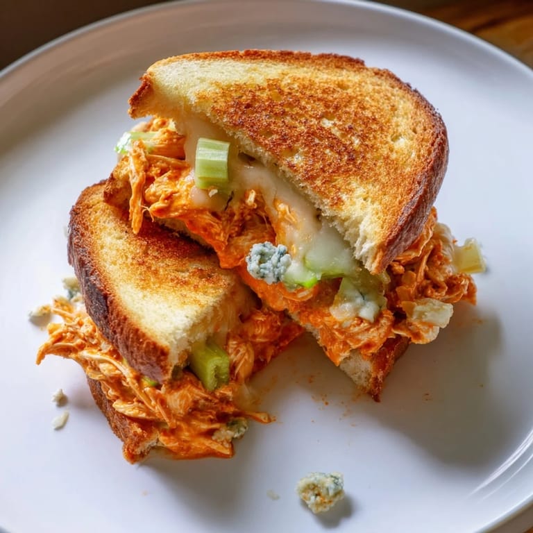 Golden-brown crust on a delicious Buffalo Chicken Grilled Cheese, served with a drizzle of sauce.