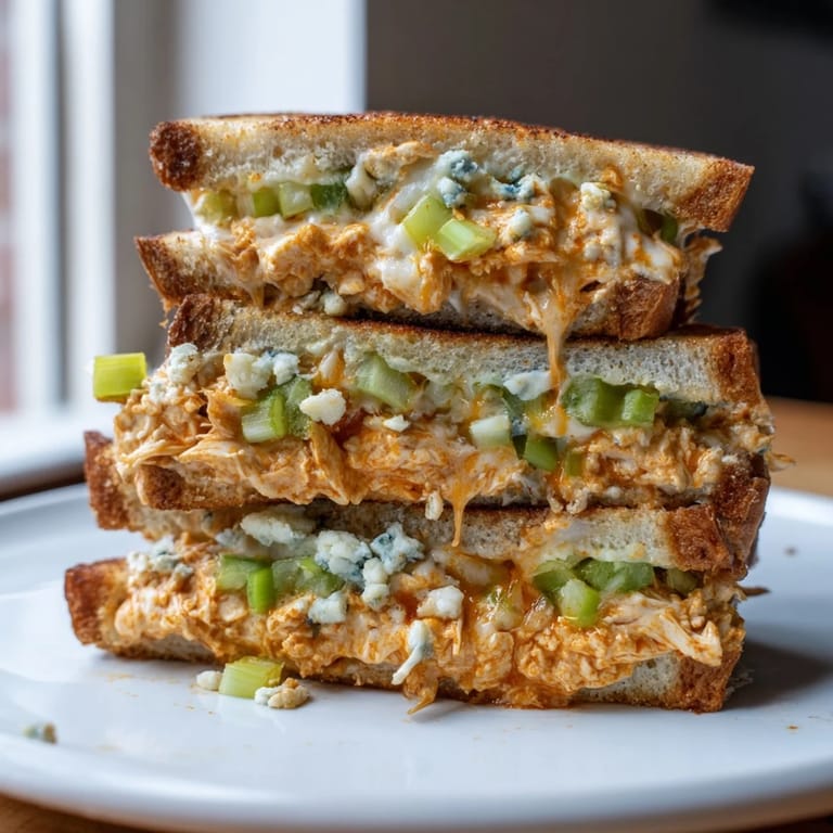 A close-up of a perfectly grilled Buffalo Chicken Grilled Cheese, ready for a flavorful bite.