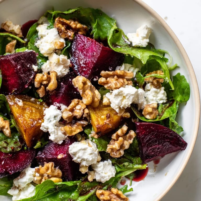 Fresh, colorful beet and goat cheese salad, featuring roasted beets, walnuts, and tangy vinaigrette over greens.