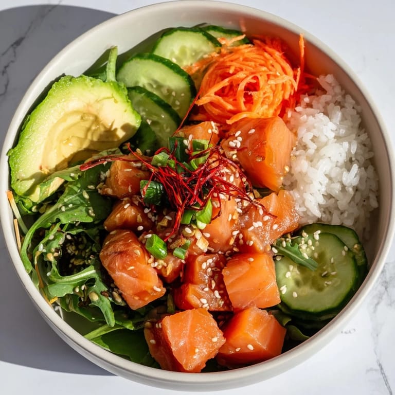 A delicious and healthy poke bowl salad featuring marinated tuna atop a bed of crisp greens.