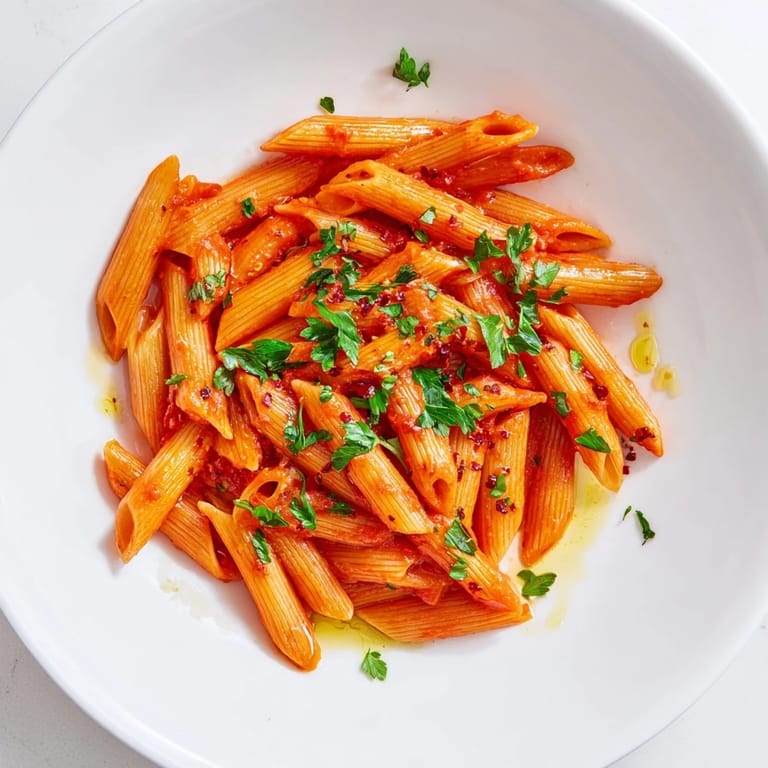 Close-up of vibrant penne all'arrabbiata, garlic and chili flakes permeating the spicy tomato sauce.
