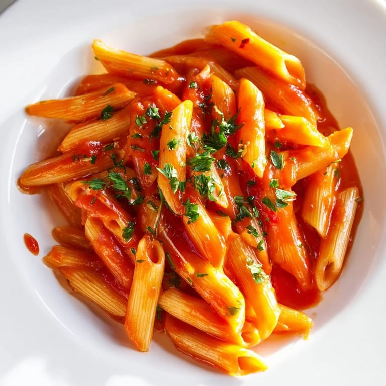 Italian pasta dish: a flavorful serving of penne all'arrabbiata with fresh parsley and olive oil.
