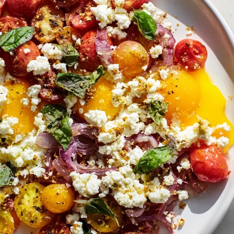 Golden yolks peek from the delicious Tomato Feta Baked Eggs, served hot from the oven with fresh herbs.