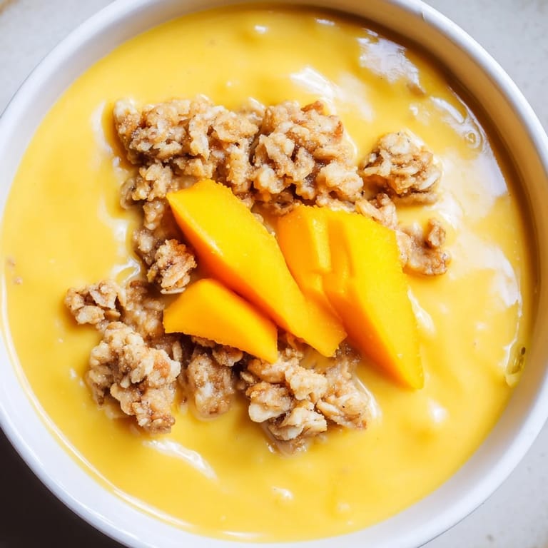 Close-up of fluffy Mango Blended Overnight Oats, blended until silky smooth, ready to eat for breakfast.