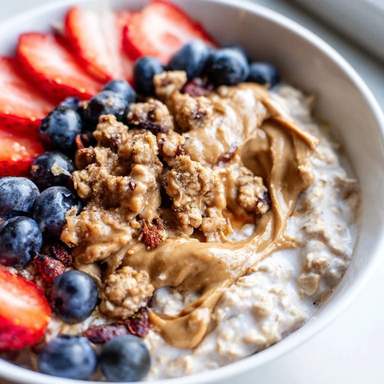 Indulgent gourmet overnight oats ready to eat, layered with berries, nuts, and espresso for energy.