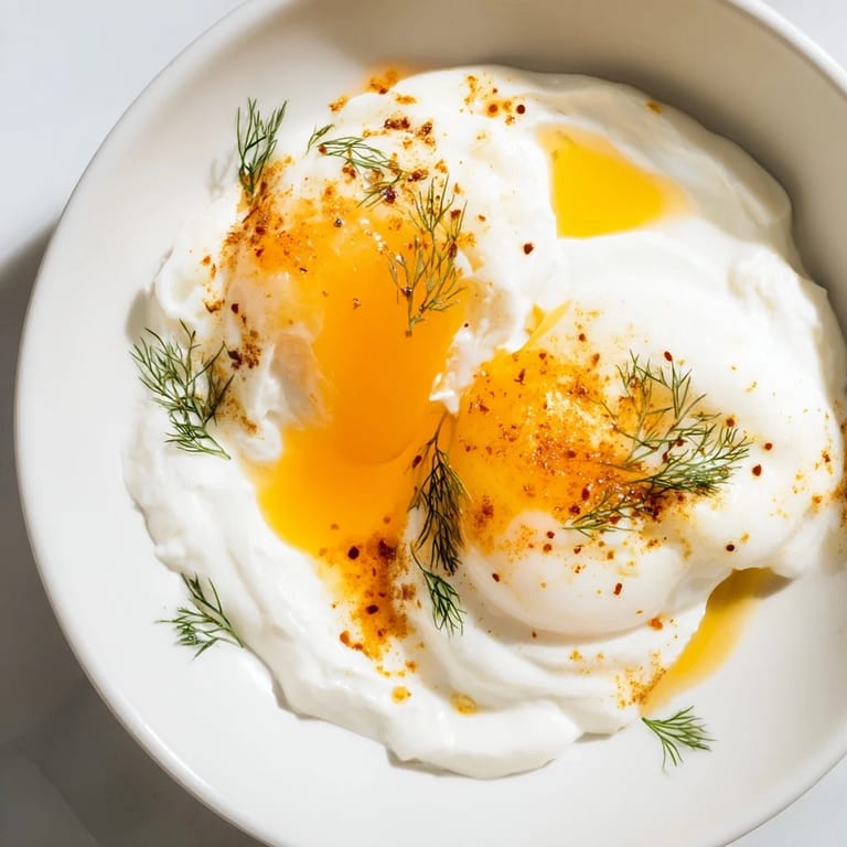 Golden brown butter tops the Cilbir; this Turkish breakfast is a flavorful, visual delight.