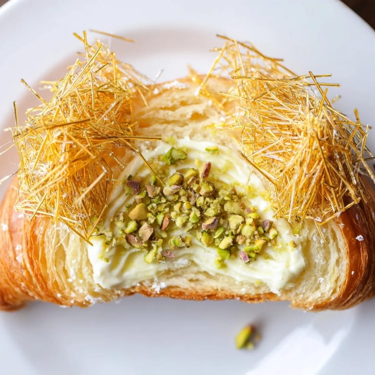 Warm, buttery Pistachio Cream Croissants with a crisp phyllo topping: a perfect pastry for brunch.