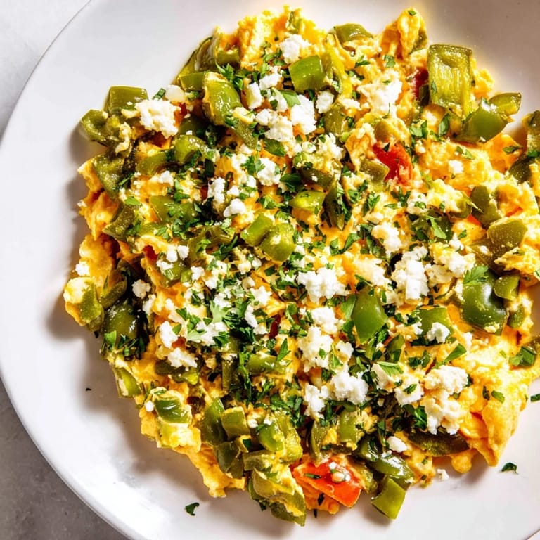 View a close-up of a bubbling pan of Turkish Menemen, a savory egg dish fragrant with spices.