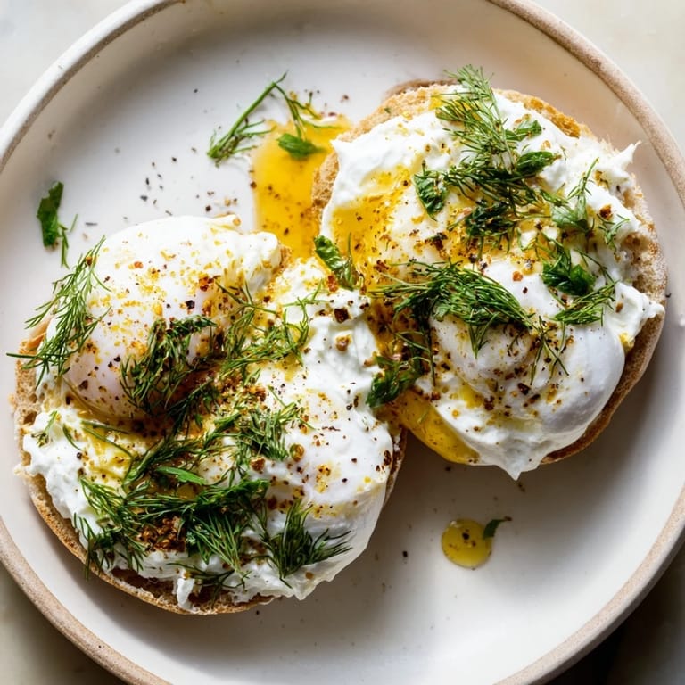 Gorgeous photo of brunch: vibrant Çılbır Eggs Benedict with herbs, ready to be enjoyed.