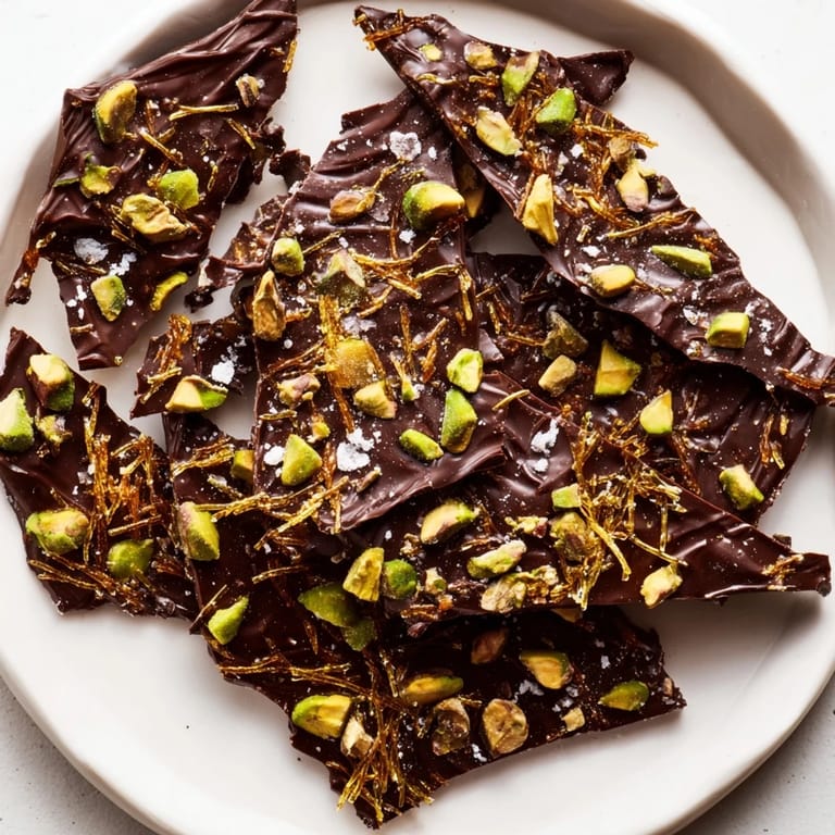 Dark chocolate and golden kataifi crunch bark: a delightful bite of sweet, salty, and nutty flavors.