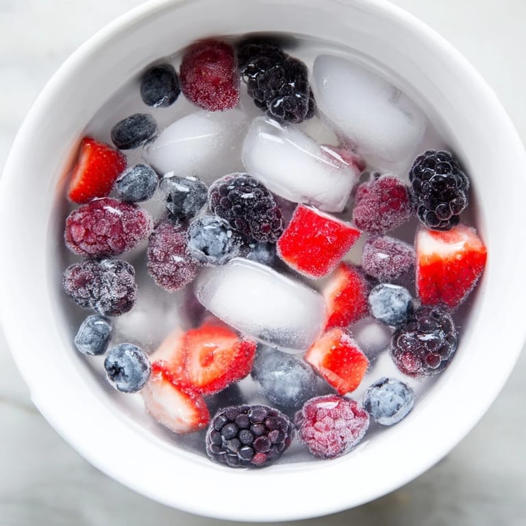 Freshly prepared Nature's Cereal Bowl, featuring antioxidant-rich berries and ice cubes swimming in chilled coconut water, ideal for a vegan snack.