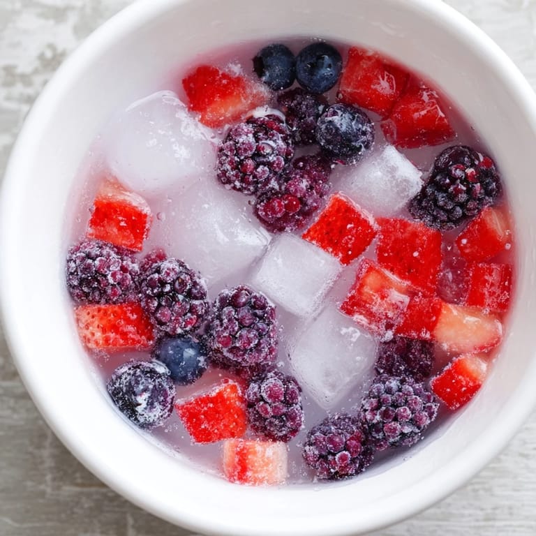 A top-down view of Nature's Cereal Bowl with vibrant blueberries, raspberries, and strawberries glistening over ice in coconut water.  