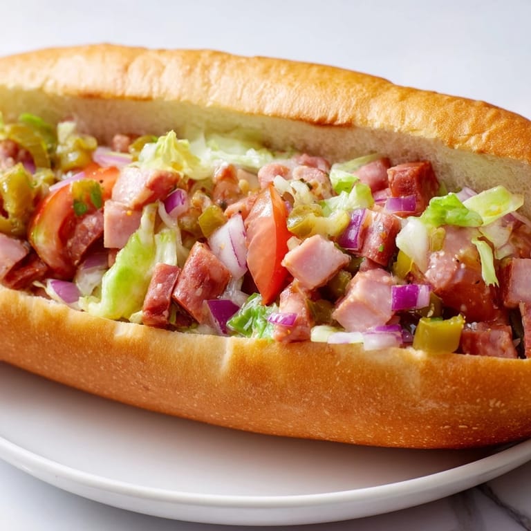 Vibrant chopped Italian grinder sandwich ingredients tossed in zesty dressing before being piled onto a soft, warm roll.  