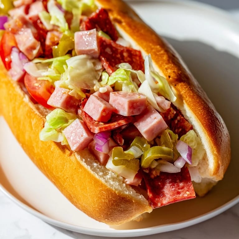 Savory chopped Italian grinder sandwich with layers of cured meats, cheese, and fresh veggies, ready to be enjoyed.