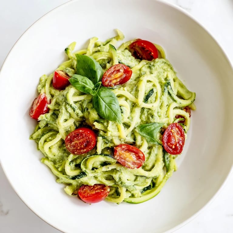 Bright green avocado pesto clings to spiralized zoodles, with fresh basil and halved cherry tomatoes for color.  