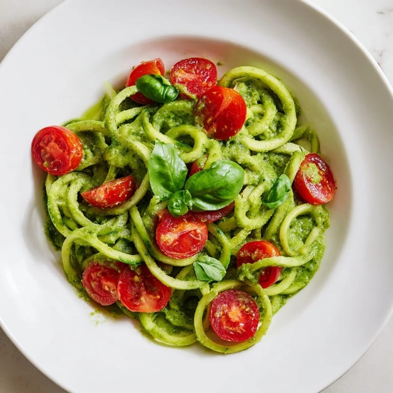 Savory avocado pesto zoodles are served warm, garnished with extra basil and freshly ground black pepper.