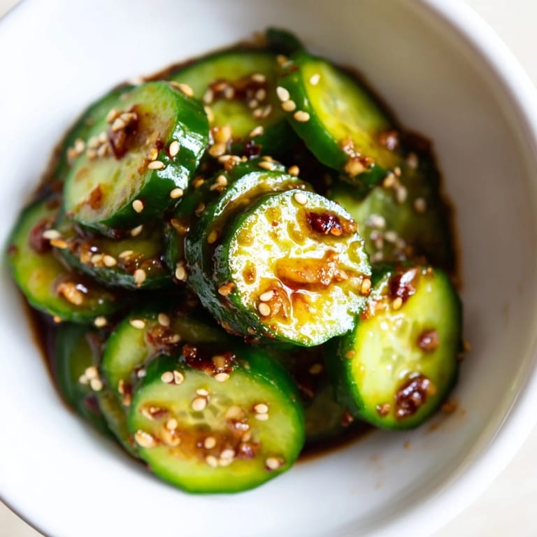 Freshly shaken cucumbers coated in sesame oil and chili flakes create a bold, crunchy bite.