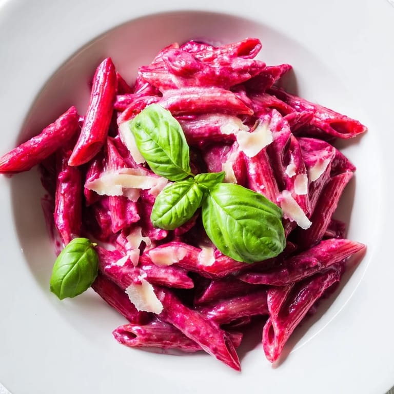 Fork-tender Pink Pasta with Beet Cream tossed in a silky, ruby-red sauce, with minced garlic and a sprinkle of grated Parmesan.