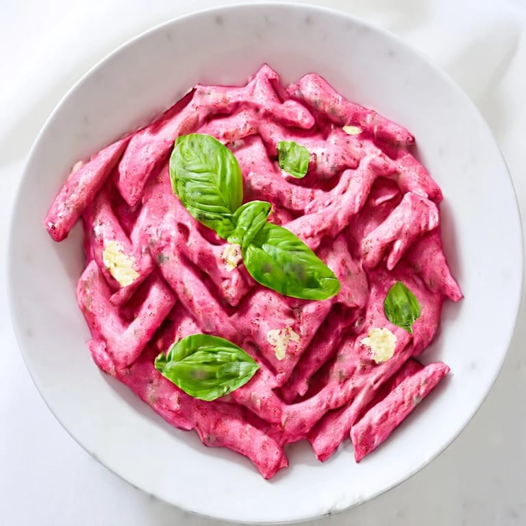 Serving suggestion for Pink Pasta with Beet Cream paired with a crisp green salad and a glass of chilled white wine.