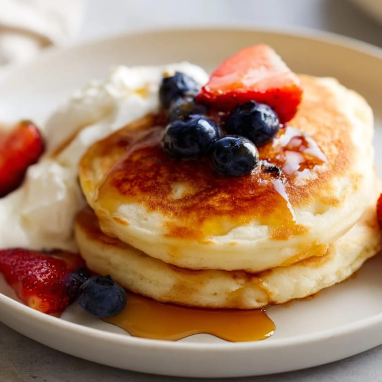 Golden-brown Cottage Cheese Pancakes sizzling on a griddle, showing their thick, protein-rich texture in warm morning light.