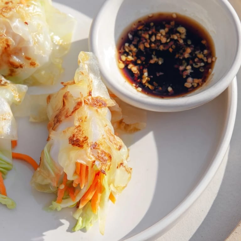 A close-up view of Crispy Rice Paper Dumplings, showcasing their delicate, crunchy wrappers pan-fried to perfection and ready to dip.