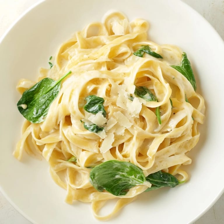 A close-up of creamy garlic spinach pasta, garnished with parsley and grated Parmesan for a comforting weeknight meal.