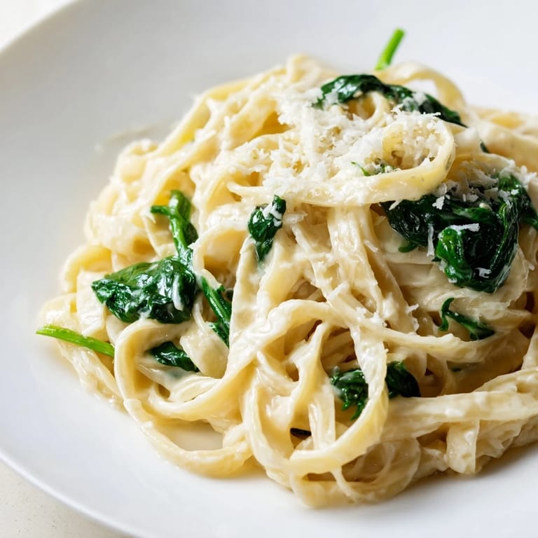 Steaming bowl of homemade Creamy Garlic Spinach Pasta, featuring tender green spinach leaves in a rich, cheesy sauce.