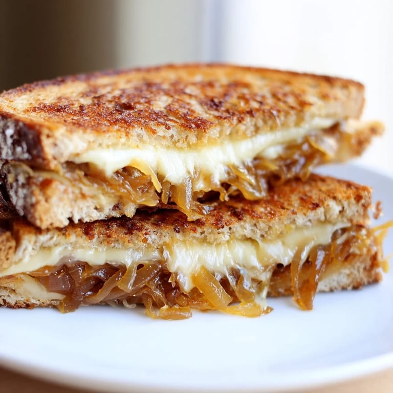 Caramelized Onion Grilled Cheese sandwich cut diagonally, showcasing rich melted cheese and deeply caramelized onions on buttery toast.