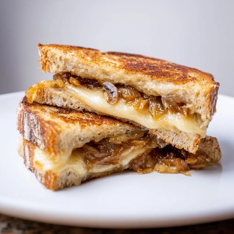 A vegetarian Caramelized Onion Grilled Cheese served hot with golden, crispy bread and sweet, savory onion filling inside.