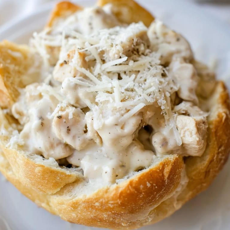 A close-up of baked bread bowls filled with luscious Alfredo sauce, tender chicken, and a sprinkle of fresh parsley.  