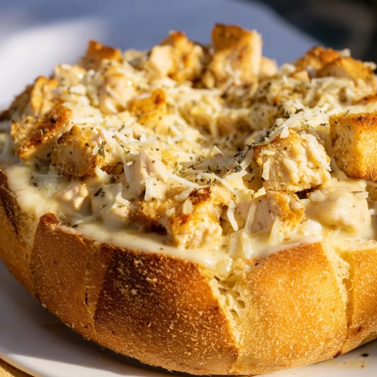 Hearty Italian-American Chicken Alfredo Bread Bowl, baked until bubbling and served hot for a satisfying family meal.