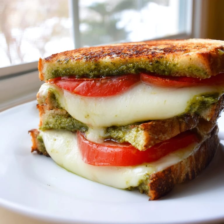 A warm Caprese Pesto Grilled Cheese sandwich cut diagonally, revealing layers of basil pesto, ripe tomato, and mozzarella.
