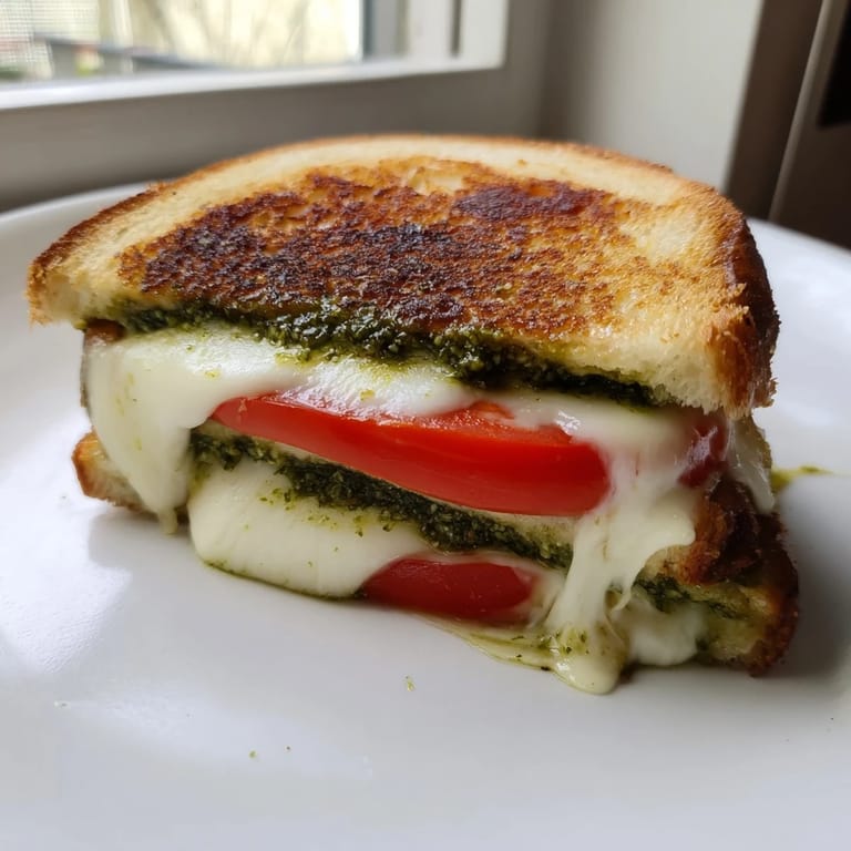 Caprese Pesto Grilled Cheese on a plate beside a glass of white wine and a small salad.