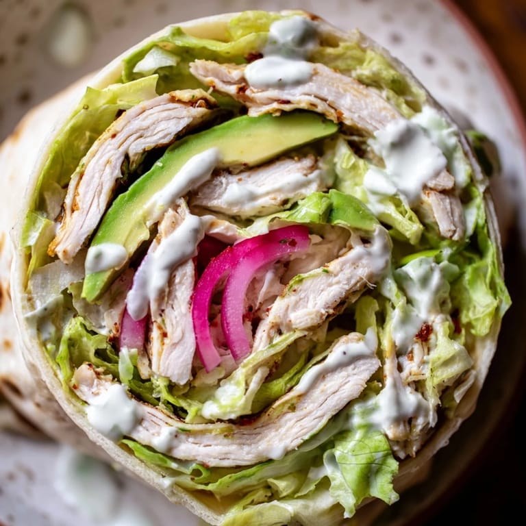 Tender chipotle-marinated chicken tucked in a soft tortilla with fresh vegetables and drizzled yogurt sauce.