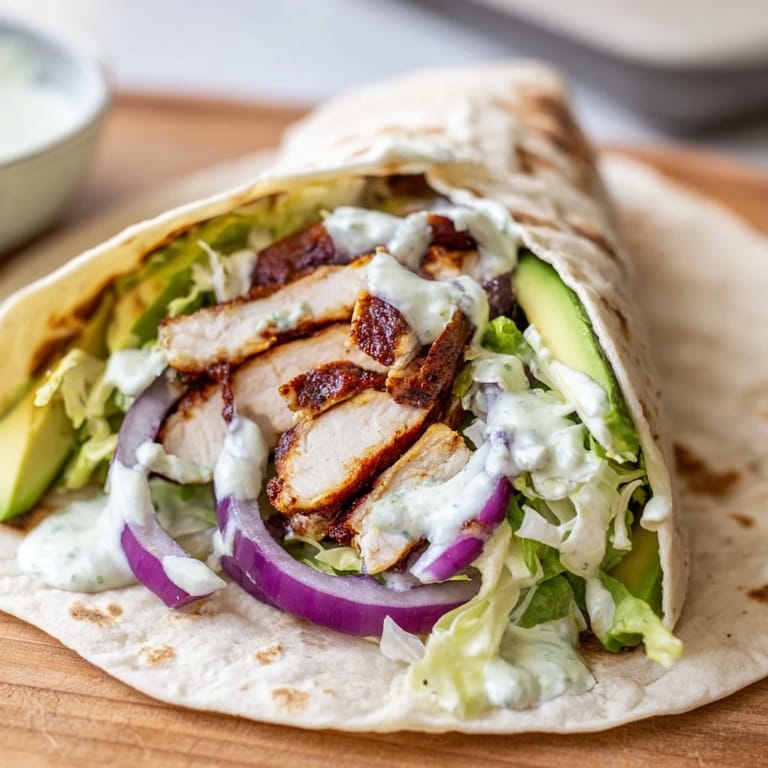 A close-up of a smoky chipotle chicken wrap, revealing vibrant layers of avocado, lettuce, and red onion.