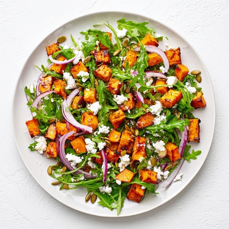 A close-up of caramelized Roasted Sweet Potato Salad with tangy honey-lime dressing and peppery greens for a light lunch.  