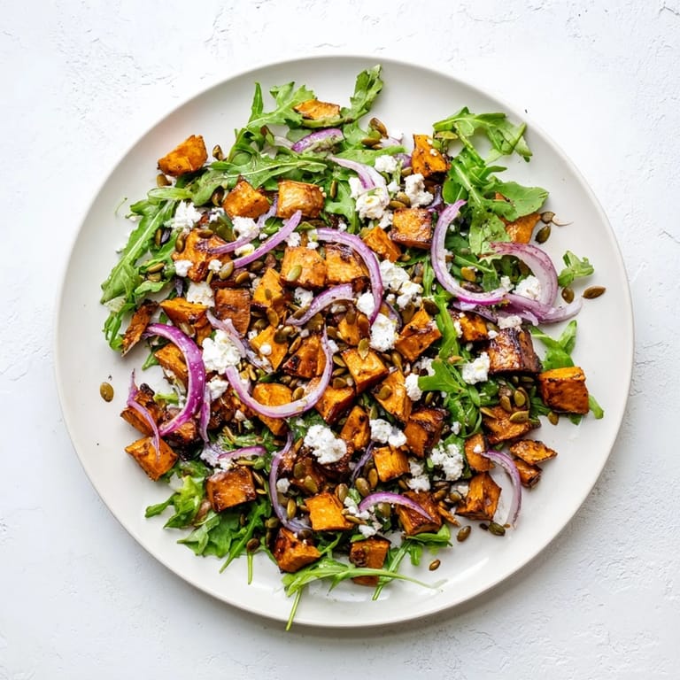 Roasted Sweet Potato Salad with creamy feta, red onion, and pepitas tossed in a zesty honey-lime vinaigrette.