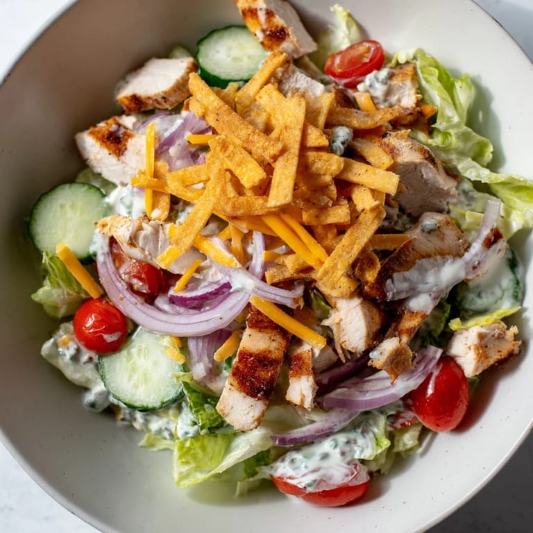 Tender grilled chicken tossed in zesty jalapeño ranch dressing, served over refreshing greens for a spicy crunch.