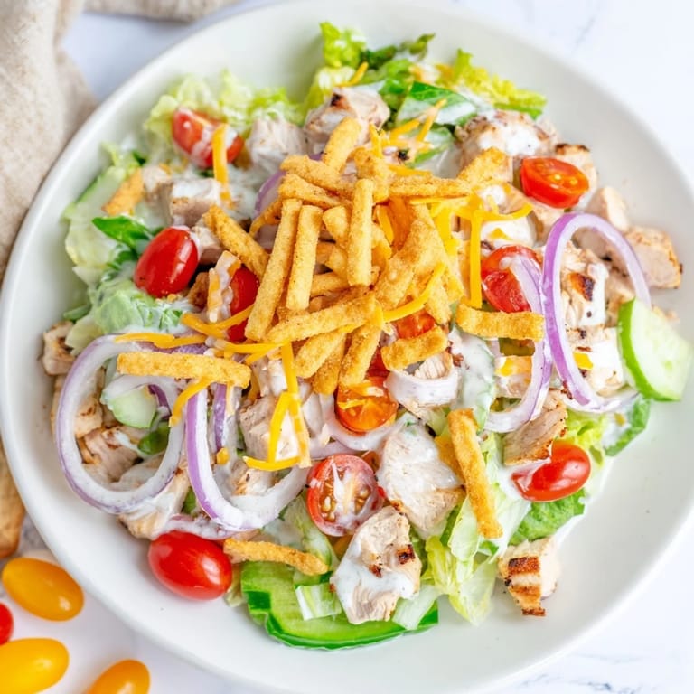Freshly made jalapeño ranch chicken salad with vibrant veggies and crispy tortilla strips, ready to serve.