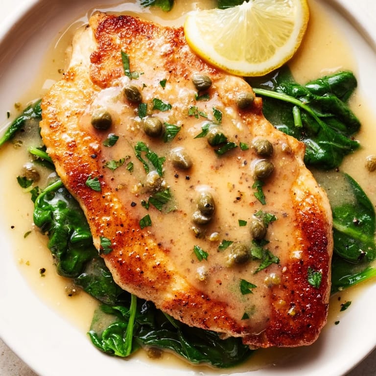 A serving of tender Spinach Lemon Butter Chicken is plated alongside fluffy mashed potatoes, garnished with fresh parsley and lemon slices.  
