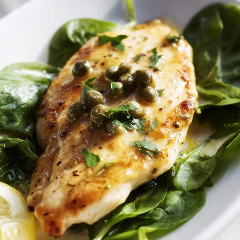 Close-up view of juicy Spinach Lemon Butter Chicken coated in a glossy lemon-butter sauce with sautéed garlic spinach.