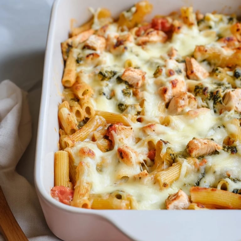 Close-up of Pesto Chicken Pasta Bake, highlighting gooey mozzarella topping and aromatic basil garnish beside a glass of white wine.
