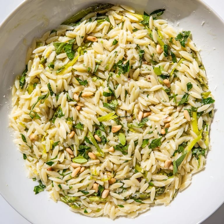 This vibrant Asparagus Lemon Orzo Salad features bright lemon zest, crisp asparagus shavings, and toasted pine nuts on a bed of al dente orzo.