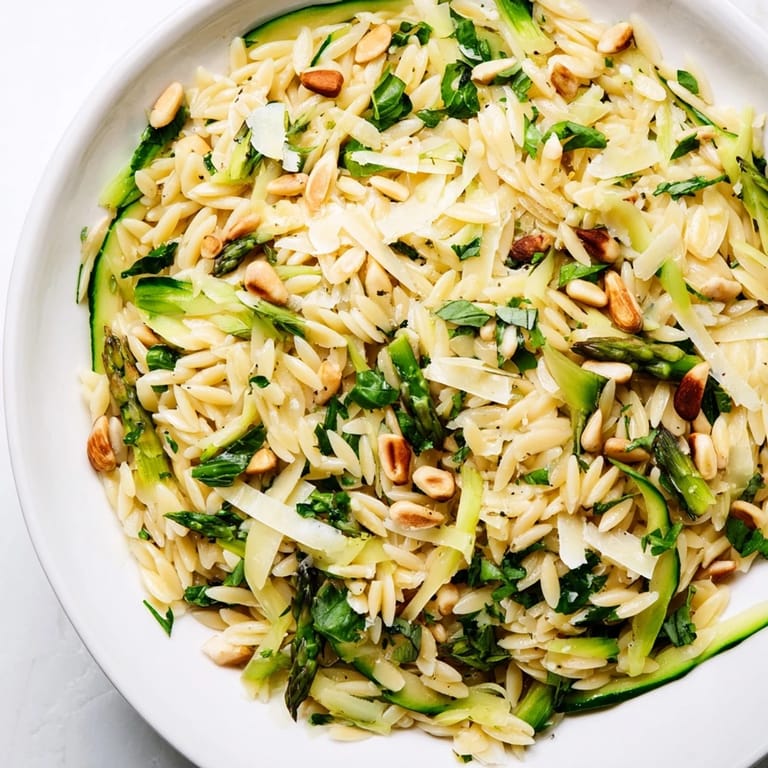 A serving of Asparagus Lemon Orzo Salad showcases shaved asparagus, golden pasta, and grated Parmesan, ready for a spring picnic or summer potluck.