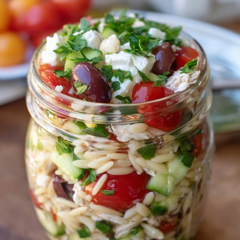 Freshly prepared Greek Pasta Chicken Salad Jars showcasing vibrant vegetables, crumbled feta, and a homemade red wine vinaigrette dressing.