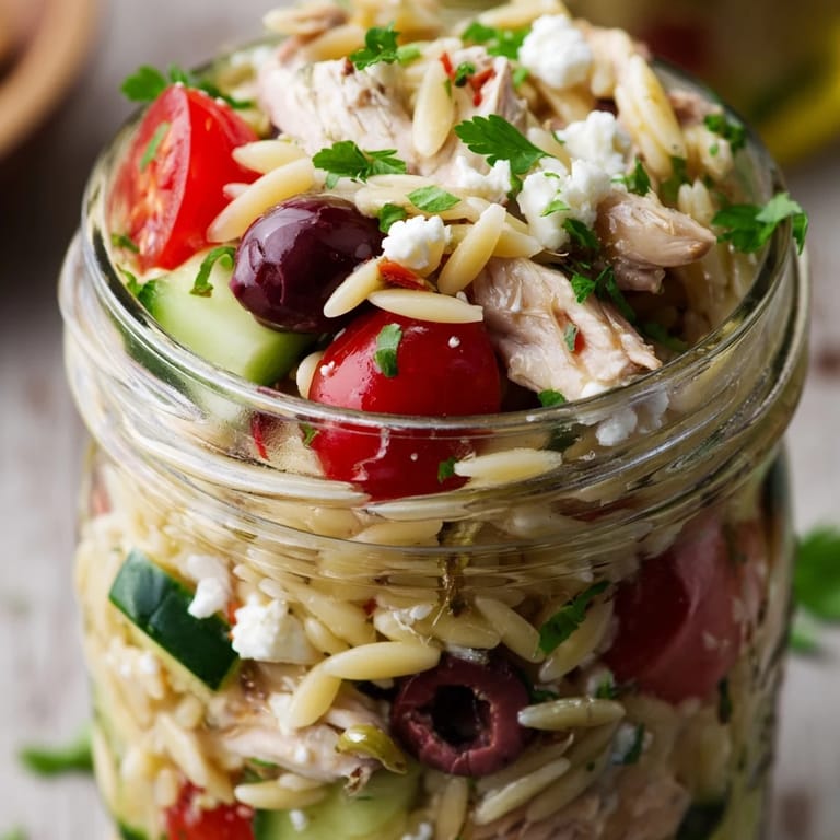 Meal prep Greek Pasta Chicken Salad Jars in mason jars, featuring a hearty Mediterranean blend of chicken, olives, orzo, and herbs.