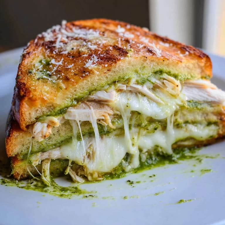 A hearty grilled cheese sandwich layered with tender chicken, fresh basil pesto, and stretchy mozzarella.