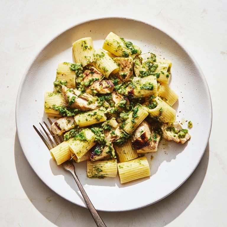 A close-up view of Chimichurri Chicken Pasta on a white plate, featuring tender meat and a bright green drizzle.  